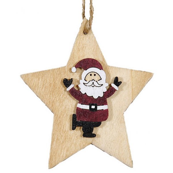 Χριστουγεννιάτικο Κρεμαστό Ξύλινο Αστέρι, με Άγιο Βασίλη (7cm)